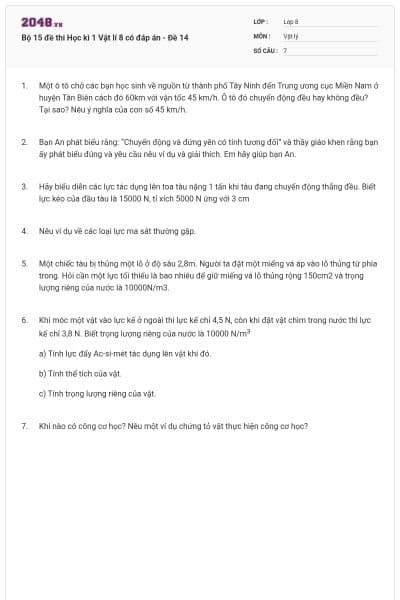 Bộ 15 đề thi Học kì 1 Vật lí 8 có đáp án - Đề 14