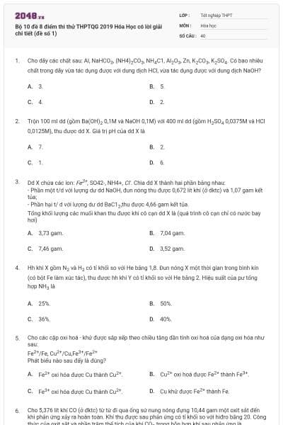 Bộ 10 đề 8 điểm thi thử THPTQG 2019 Hóa Học có lời giải chi tiết (đề số 1)