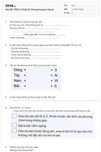 Giải VBT TNXH 3 CD Bài 20: Phương hướng có đáp án