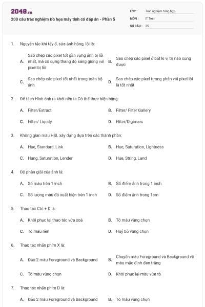 200 câu trắc nghiệm Đồ họa máy tính có đáp án - Phần 5