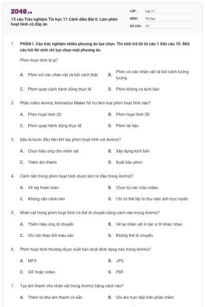 15 câu Trắc nghiệm Tin học 11 Cánh diều Bài 6: Làm phim hoạt hình có đáp án
