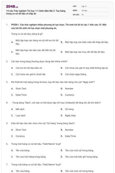 15 câu Trắc nghiệm Tin học 11 Cánh diều Bài 2: Tạo bảng trong cơ sở dữ liệu có đáp án