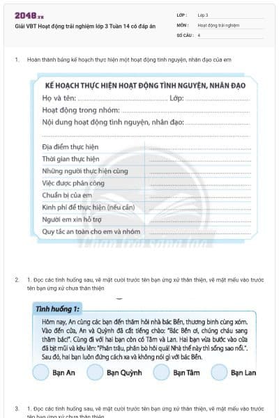 Giải VBT Hoạt động trải nghiệm lớp 3 Tuần 14 có đáp án