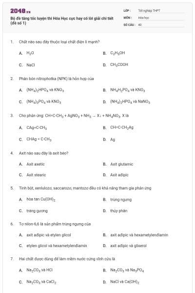 Bộ đề tăng tốc luyện thi Hóa Học cực hay có lời giải chi tiết (đề số 1)
