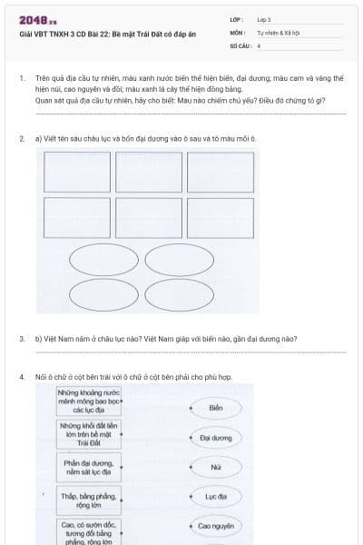 Giải VBT TNXH 3 CD Bài 22: Bề mặt Trái Đất có đáp án