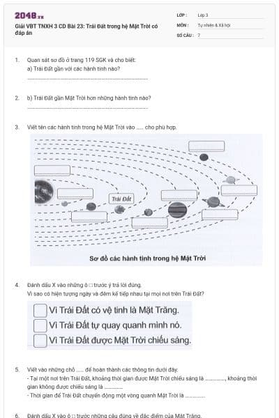 Giải VBT TNXH 3 CD Bài 23: Trái Đất trong hệ Mặt Trời có đáp án