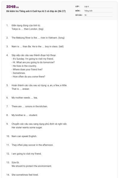 Đề kiểm tra Tiếng anh 6 Cuối học kì 2 có đáp án (Đề 27)