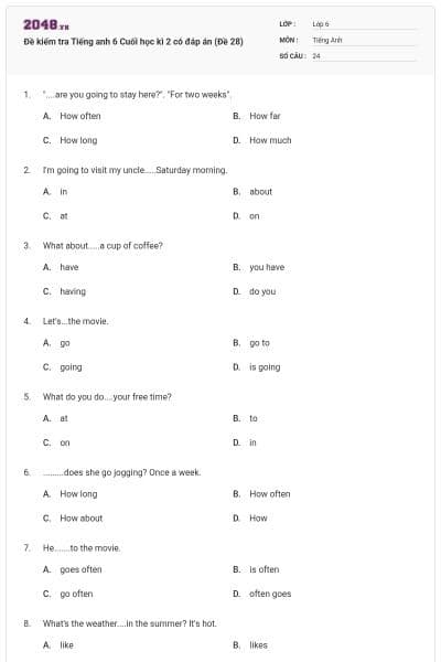 Đề kiểm tra Tiếng anh 6 Cuối học kì 2 có đáp án (Đề 28)