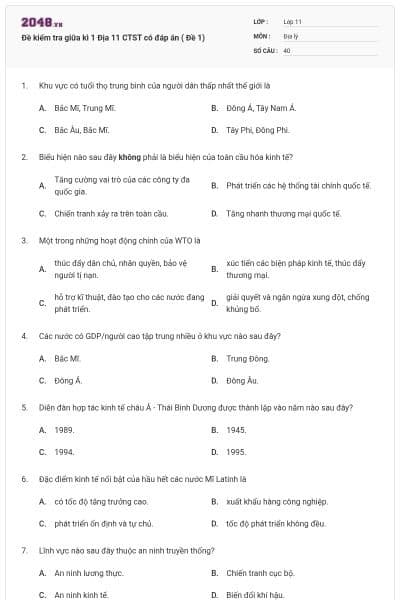 Đề kiểm tra giữa kì 1 Địa 11 CTST có đáp án ( Đề 1)
