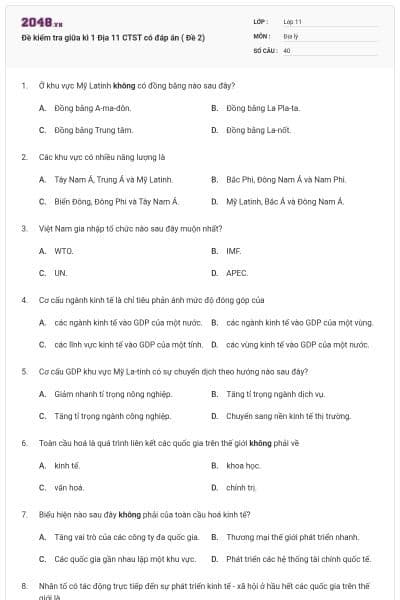 Đề kiểm tra giữa kì 1 Địa 11 CTST có đáp án ( Đề 2)