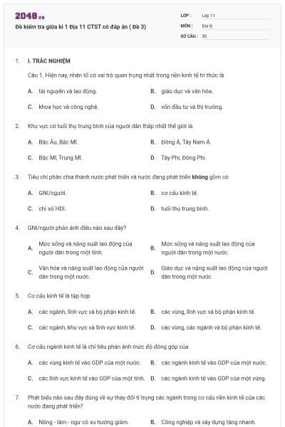 Đề kiểm tra giữa kì 1 Địa 11 CTST có đáp án ( Đề 3)