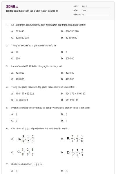 Bài tập cuối tuần Toán lớp 5 CST Tuần 1 có đáp án