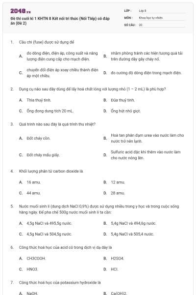 Đề thi cuối kì 1 KHTN 8 Kết nối tri thức (Nối Tiếp) có đáp án (Đề 2)