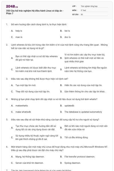 350 Câu hỏi trắc nghiệm Hệ điều hành Linux có đáp án - Phần 7