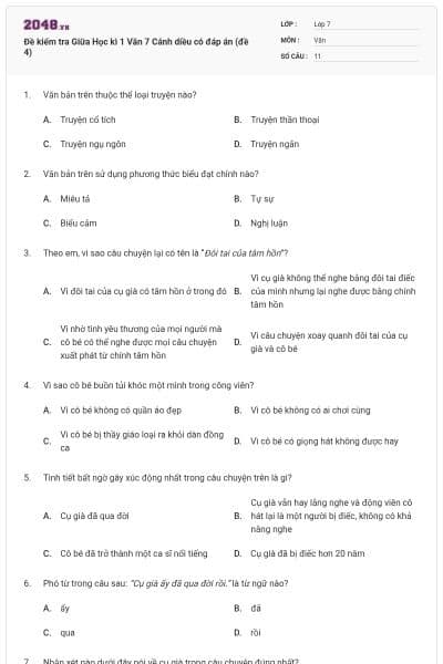 Đề kiểm tra Giữa Học kì 1 Văn 7 Cánh diều có đáp án (đề 4)