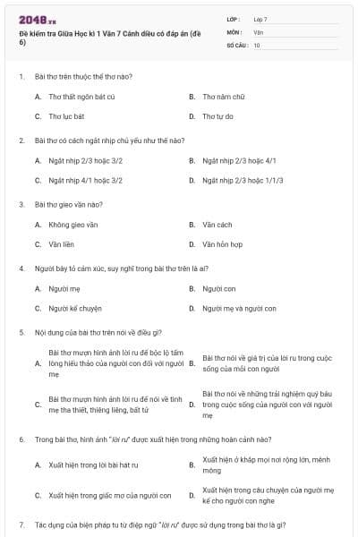 Đề kiểm tra Giữa Học kì 1 Văn 7 Cánh diều có đáp án (đề 6)