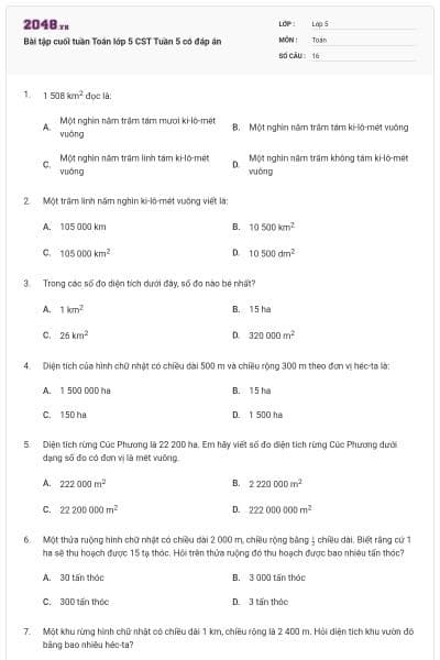 Bài tập cuối tuần Toán lớp 5 CST Tuần 5 có đáp án