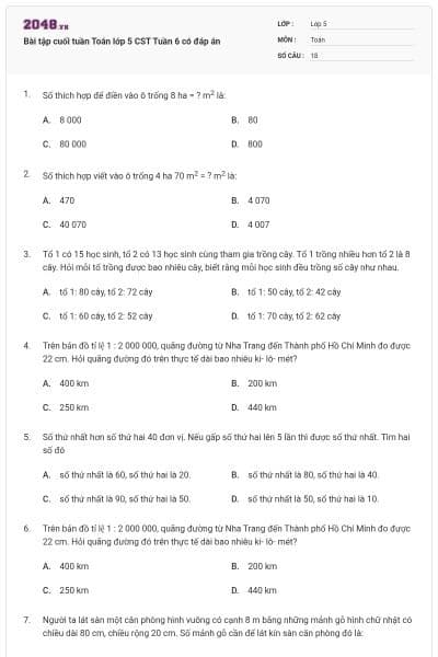 Bài tập cuối tuần Toán lớp 5 CST Tuần 6 có đáp án