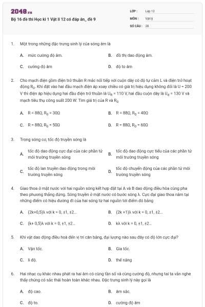 Bộ 16 đề thi Học kì 1 Vật lí 12 có đáp án_ đề 9