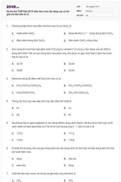 Đề thi thử THPTQG 2019 Hóa Học mức độ nâng cao có lời giải chi tiết (đề số 2)