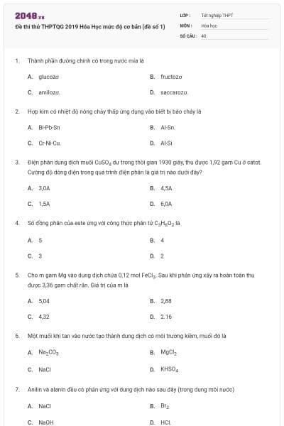 Đề thi thử THPTQG 2019 Hóa Học mức độ cơ bản (đề số 1)