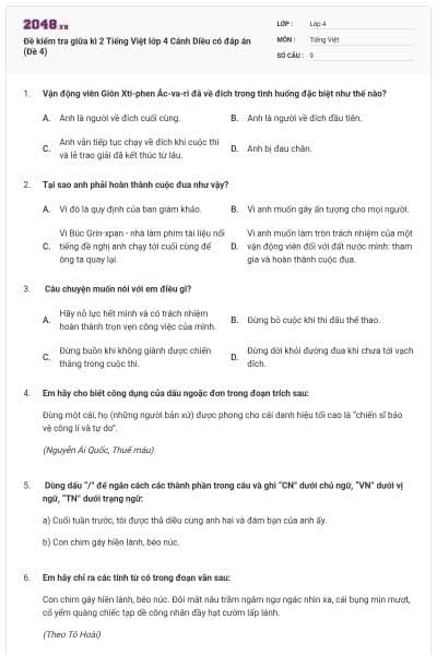 Đề kiểm tra giữa kì 2 Tiếng Việt lớp 4 Cánh Diều có đáp án (Đề 4)