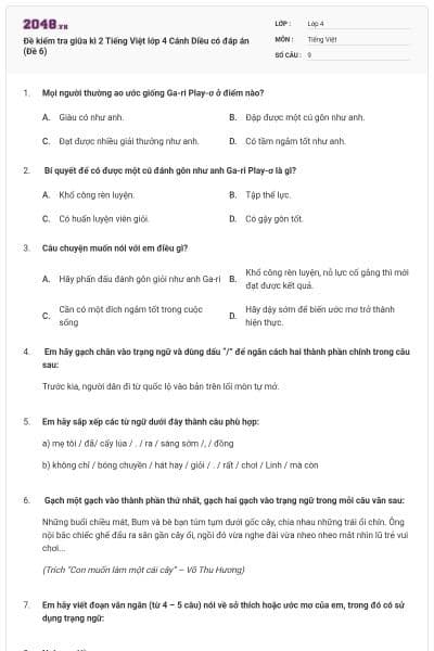 Đề kiểm tra giữa kì 2 Tiếng Việt lớp 4 Cánh Diều có đáp án (Đề 6)