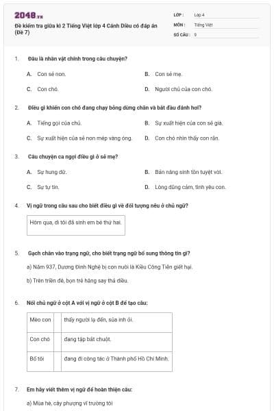 Đề kiểm tra giữa kì 2 Tiếng Việt lớp 4 Cánh Diều có đáp án (Đề 7)