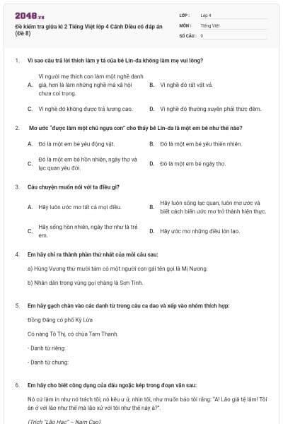 Đề kiểm tra giữa kì 2 Tiếng Việt lớp 4 Cánh Diều có đáp án (Đề 8)