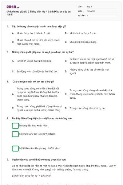 Đề kiểm tra giữa kì 2 Tiếng Việt lớp 4 Cánh Diều có đáp án (Đề 9)