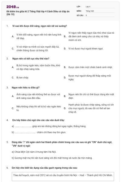 Đề kiểm tra giữa kì 2 Tiếng Việt lớp 4 Cánh Diều có đáp án (Đề 10)