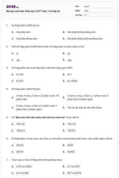 Bài tập cuối tuần Toán lớp 5 CST Tuần 7 có đáp án