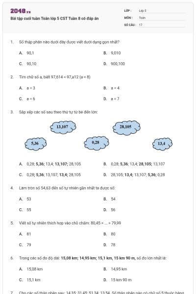 Bài tập cuối tuần Toán lớp 5 CST Tuần 8 có đáp án