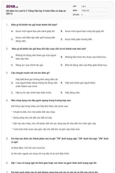 Đề kiểm tra cuối kì 2 Tiếng Việt lớp 4 Cánh Diều có đáp án (Đề 2)