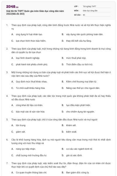 Giải Đề thi THPT Quốc gia môn Giáo dục công dân năm 2022(Mã đề 303)