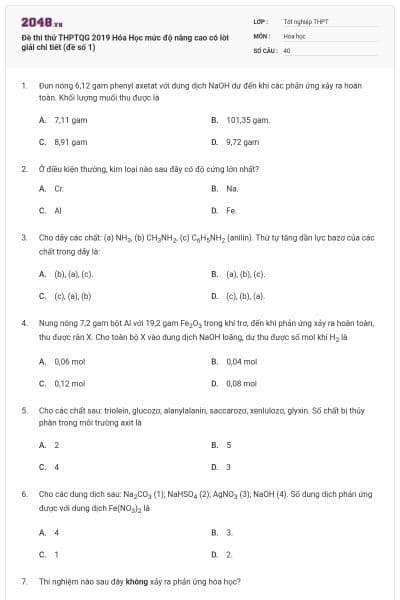 Đề thi thử THPTQG 2019 Hóa Học mức độ nâng cao có lời giải chi tiết (đề số 1)