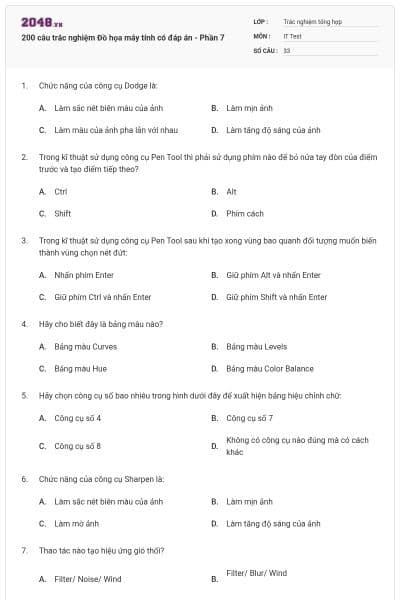 200 câu trắc nghiệm Đồ họa máy tính có đáp án - Phần 7