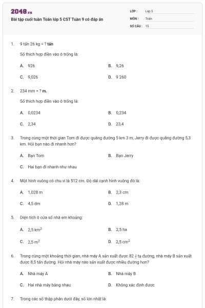 Bài tập cuối tuần Toán lớp 5 CST Tuần 9 có đáp án