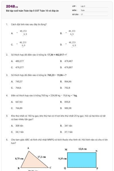 Bài tập cuối tuần Toán lớp 5 CST Tuần 10 có đáp án