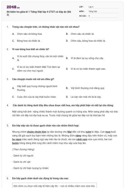 Đề kiểm tra giữa kì 1 Tiếng Việt lớp 4 CTST có đáp án (Đề 3)