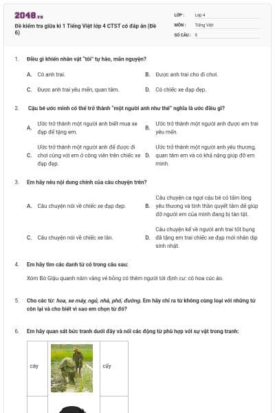 Đề kiểm tra giữa kì 1 Tiếng Việt lớp 4 CTST có đáp án (Đề 6)