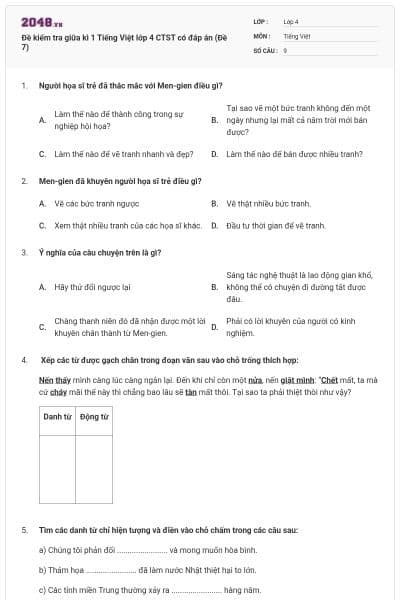 Đề kiểm tra giữa kì 1 Tiếng Việt lớp 4 CTST có đáp án (Đề 7)