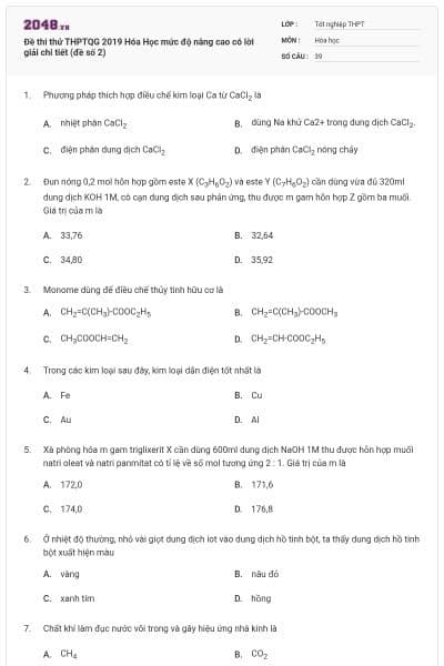 Đề thi thử THPTQG 2019 Hóa Học mức độ nâng cao có lời giải chi tiết (đề số 2)
