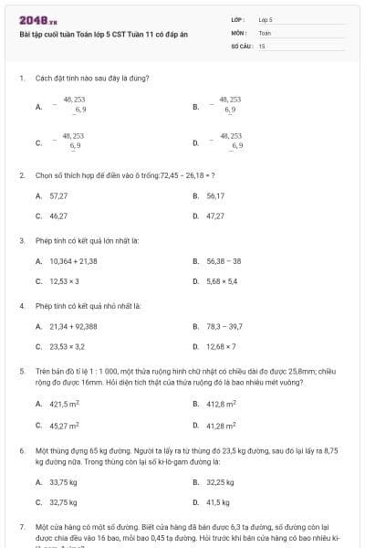 Bài tập cuối tuần Toán lớp 5 CST Tuần 11 có đáp án