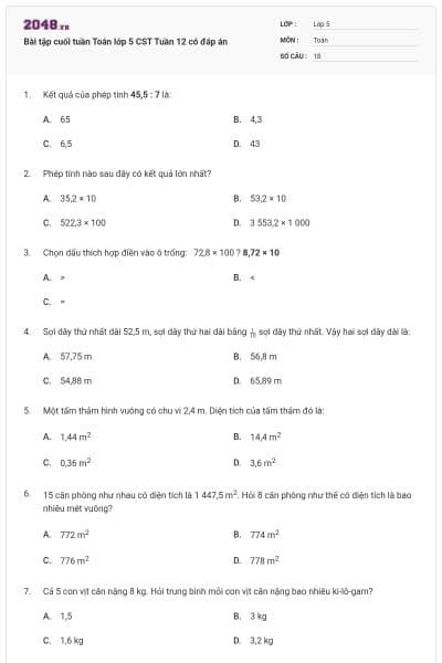 Bài tập cuối tuần Toán lớp 5 CST Tuần 12 có đáp án