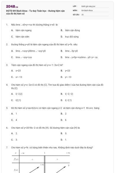 ĐGTD ĐH Bách khoa - Tư duy Toán học - Đường tiệm cận của đồ thị hàm số