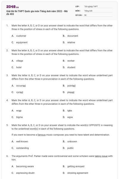 Giải Đề thi THPT Quốc gia môn Tiếng Anh năm 2022 - Mã đề 403