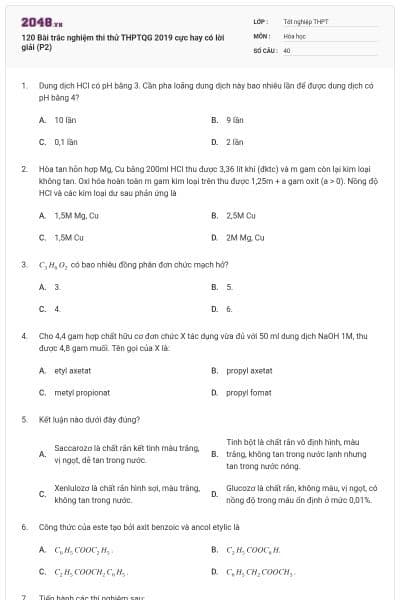 120 Bài trắc nghiệm thi thử THPTQG 2019 cực hay có lời giải (P2)