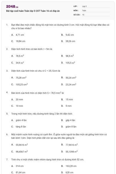 Bài tập cuối tuần Toán lớp 5 CST Tuần 16 có đáp án