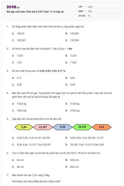 Bài tập cuối tuần Toán lớp 5 CST Tuần 17 có đáp án